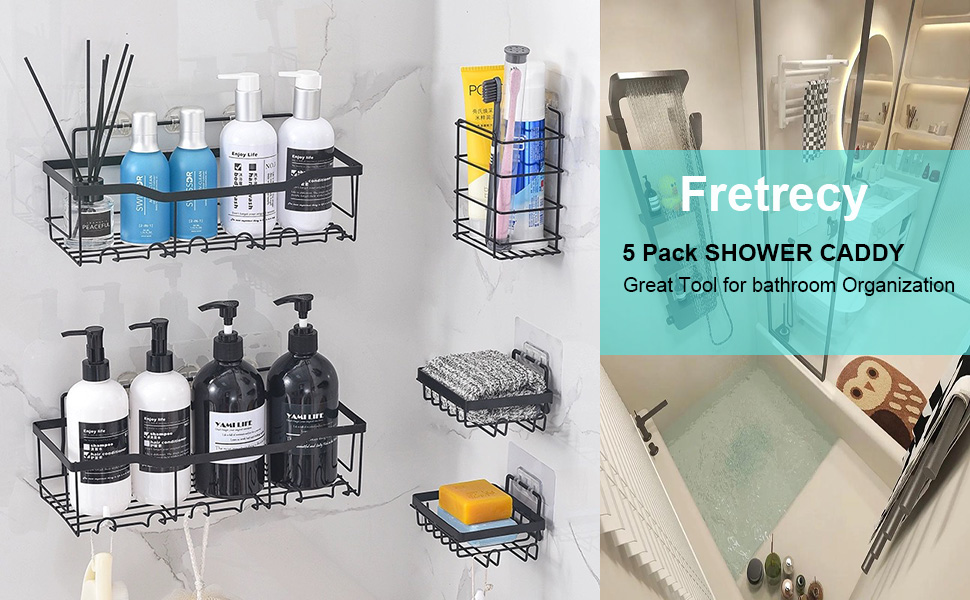Набір полиць для душу без свердління, 5 шт. Органайзер для ванної кімнати, полиці для душу з нержавіючої сталі, велика місткість, корзинка для душу, тримач для шампуню та гелю для душу для ванної кімнати та кухні (2 прямокутні + 2 контейнери + 1 для зубних щіток)