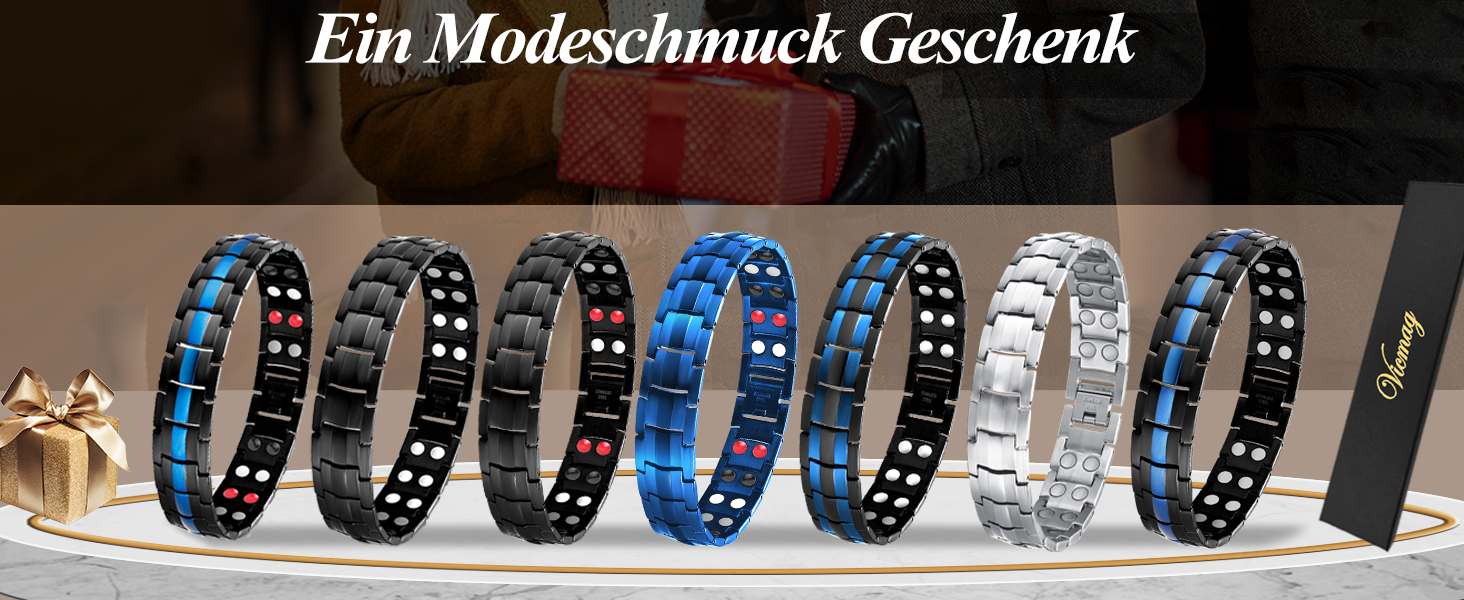 Браслет магнітний чоловічий Vicmag з титанової сталі, подвійний ряд, надміцна магнітна застібка, інструмент для регулювання та подарункова коробка (синє оздоблення)