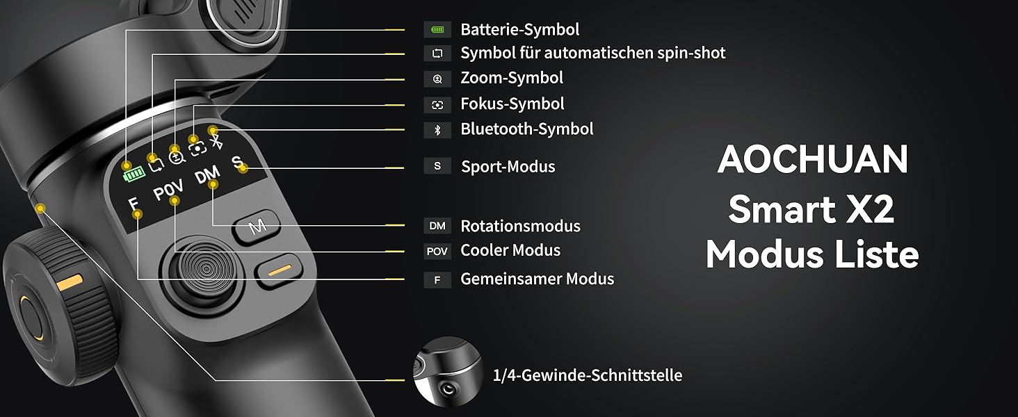 Стабілізатор Gimbal AOCHUAN для iPhone/Android з 7.8-дюймовою штангою та OLED-дисплеєм - 3-осьовий, чорний