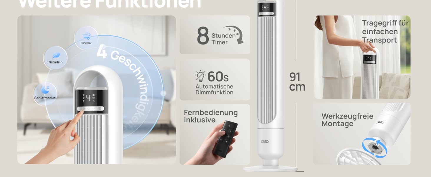 Колонний вентилятор DREO Leiser Turmventilator з дистанційним керуванням, 4 швидкості, 3 режими, 90° поворот, таймер 8г, білий, 91 см