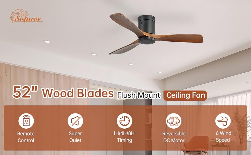Стеляний вентилятор Sofucor з пультом керування, дерев'яний вентилятор з 3 лопатями, 132 см, тихий, 6 швидкостей, таймер, DC двигун, режим літо/зима для спальні без освітлення + монтаж врізний, темне дерево