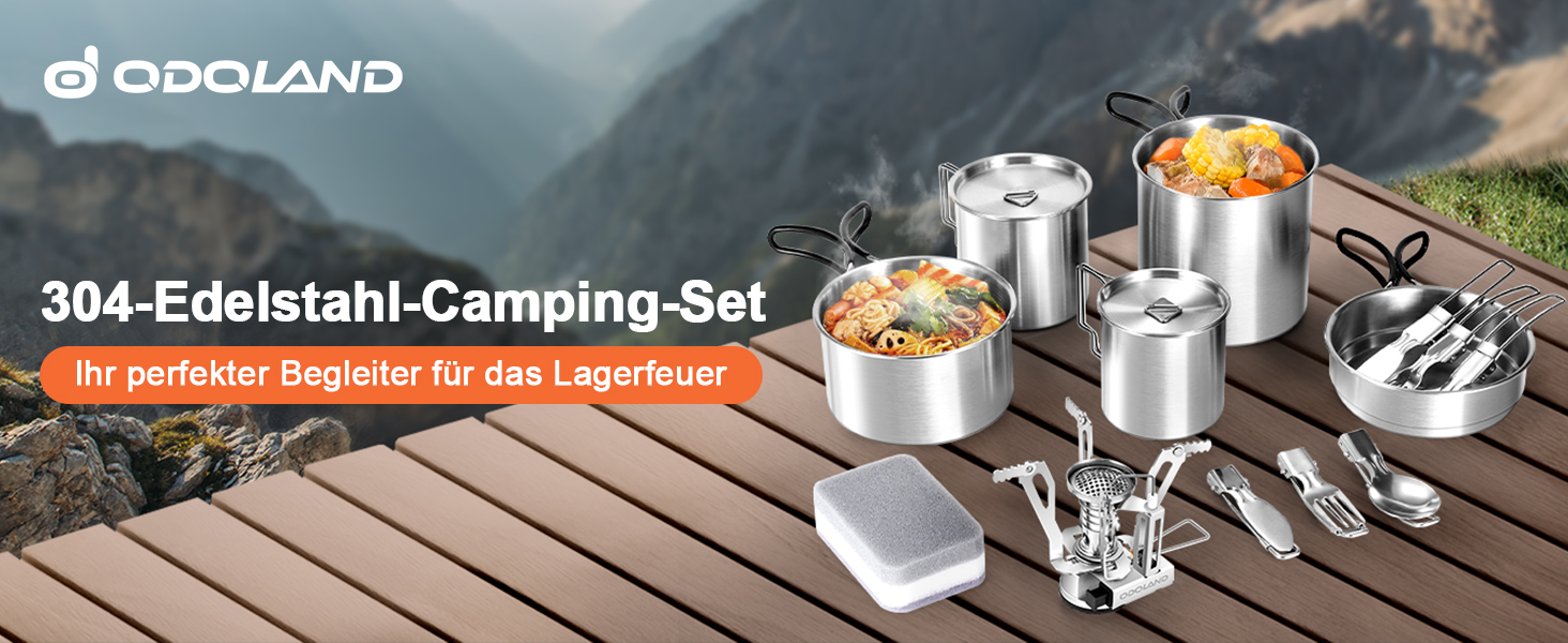 Набір посуду для кемпінгу Odoland з нержавіючої сталі (13 предметів) - посуд для приготування їжі, набір каструль, сковороди, тарілок, мисок, виделок, ножів, ложок для кемпінгу, походів, пікніків