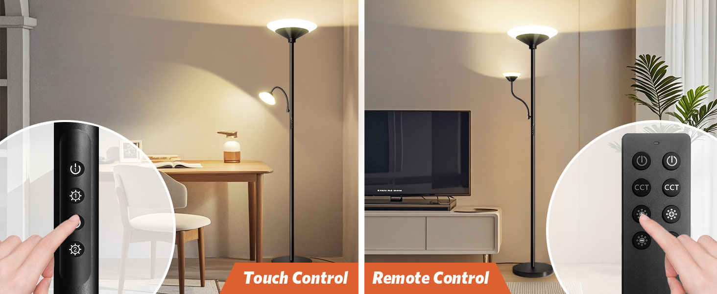 Стельова лампа BBHome для вітальні з LED-підсвіткою 27W та лампою для читання 6W, диммування, керування пультом та сенсором, 3000K-6500K, колір сріблястий