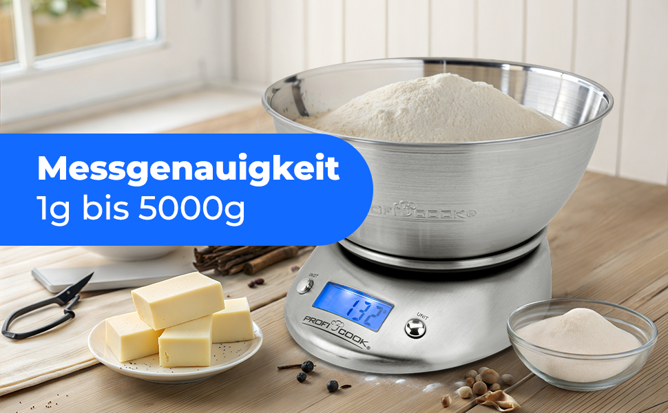 Кухонні ваги ProfiCook PC KW 1040 з мискою | Цифрові ваги до 5000г (з кроком 1г) | Функція тарування | Одиниці вимірювання: г, мл, lb.oz, fl.oz | Кухонні ваги