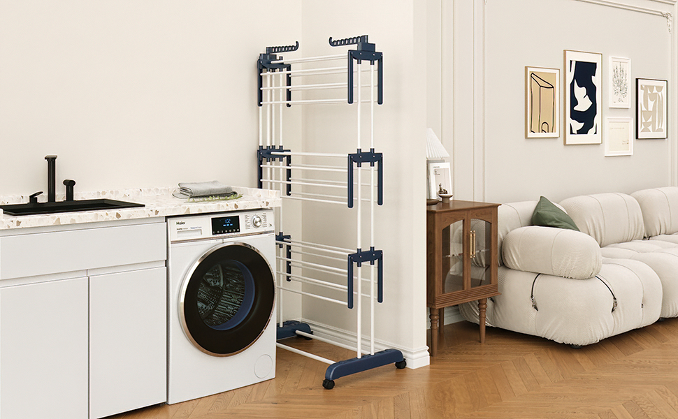 Сушарка для білизни 3-ярусна, турбо-тип, 75-200см, висувна, з 2 обертовими крилами, висота 180см, економна, на колесах для квартири, балкону та саду (сіра)