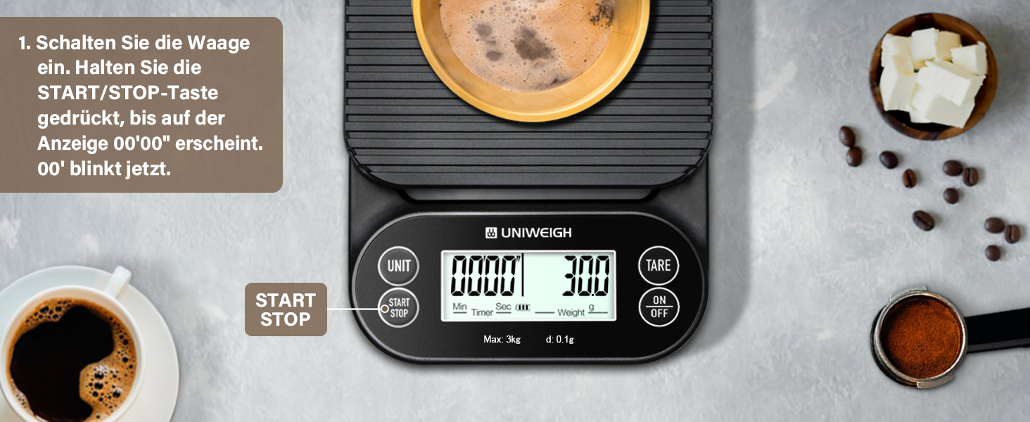 Ваги для кави UNIWEIGH з таймером 3кг/0,1г: високоточні ваги для еспресо з таймером, функцією Tara та LCD дисплеєм (батарейки в комплекті)