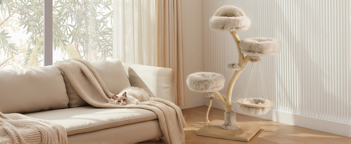 Кігтеточка для котів Fudajo Designer у вигляді дерева, 130 см, з плюшем та сизалем, з гамаком