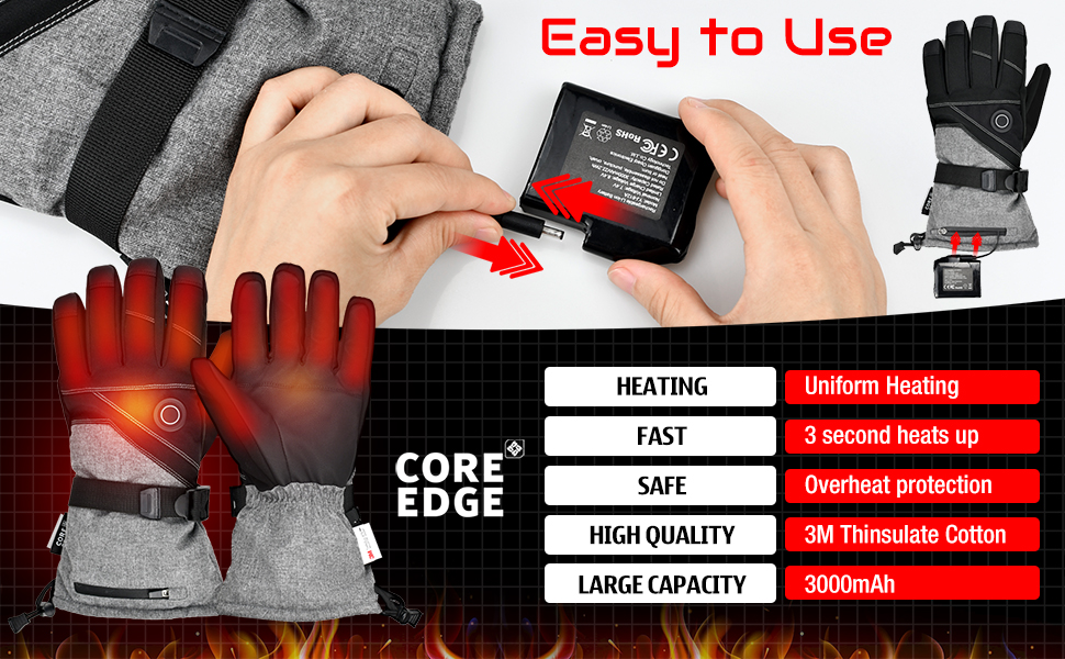 Гріючі рукавички 7.4V 3000mAh для жінок та чоловіків, гріючі рукавички для катання на лижах, сноуборді, мотоциклі, велосипеді, риболовлі, чорний