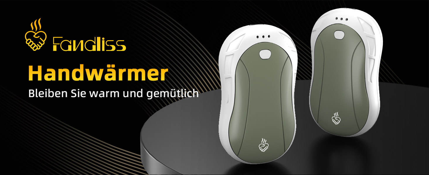 Електричні грілки для рук 2 шт. FANDLISS, портативні, акумуляторні, 6000mAh, до 12 годин роботи, USB, для кемпінгу, полювання, гольфу, білий/зелений