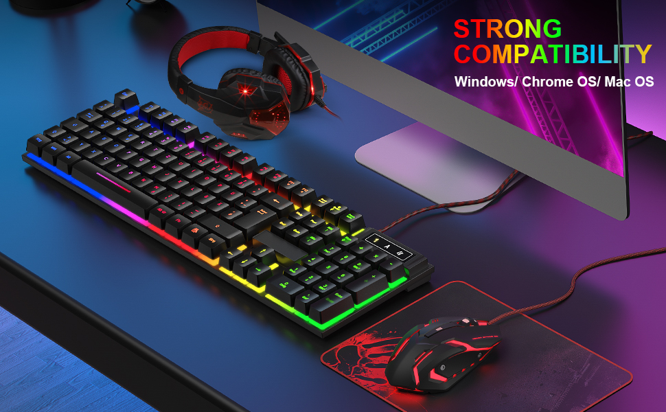 Ігровий набір клавіатури та миші з навушниками, QWERTZ DE розкладка, RGB підсвітка клавіатури, ігрова миша з LED підсвіткою (4 кольори), навушники Over-Ear, велика ігрова килимок, USB провідне підключення для PC, Mac, PS5, Xbox