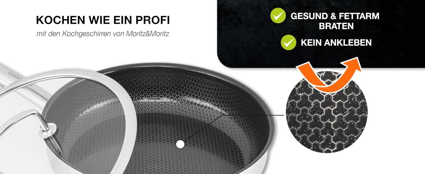 Сковорода Moritz & Moritz антипригарна 28 см індукційна з керамічним покриттям та стільниковою структурою. Сковорода з нержавіючої сталі з високими бортами, підходить для всіх видів плит (з кришкою, Ø 24 см)