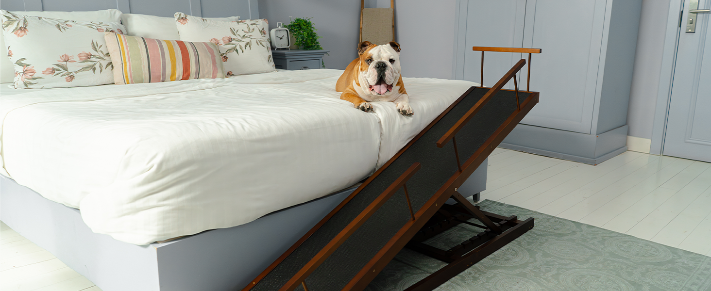 Сходинки для собак PRIORPET з натурального березового дерева з поручнями - регульована висота до 94.5 см - складаються - антиковзні ручки - для собак до 23 кг - колір Walnut