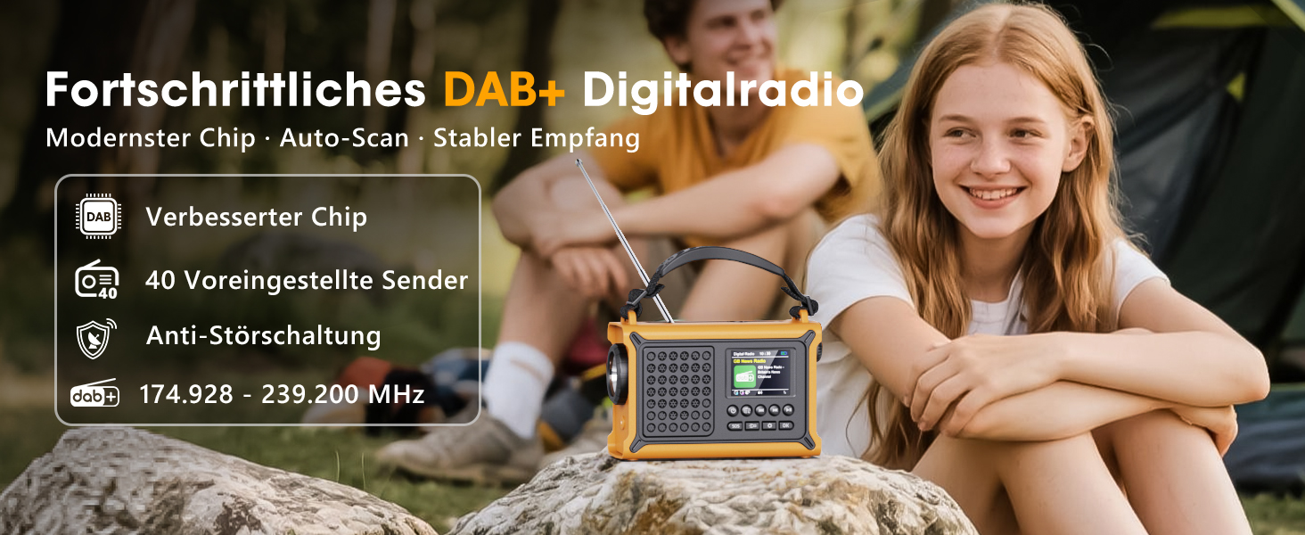 ROCAM Радіоприймач на ручку DAB+/UKW, портативне аварійне радіо з сонячною панеллю 8500 мм² та ручкою 650mA, цифрове радіо з Bluetooth, 2.4' кольоровий дисплей, 80 станцій, SOS, LED ліхтарик, USB, IPX6 для кемпінгу (Жовтий)