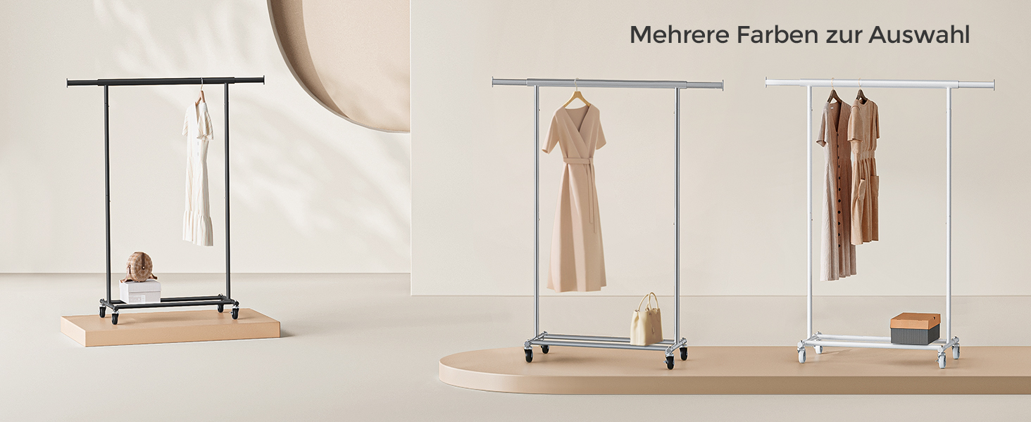 SONGMICS Вішалка для одягу на колесах, важкий, висувна штанга, до 100 кг, білий HSR013W01