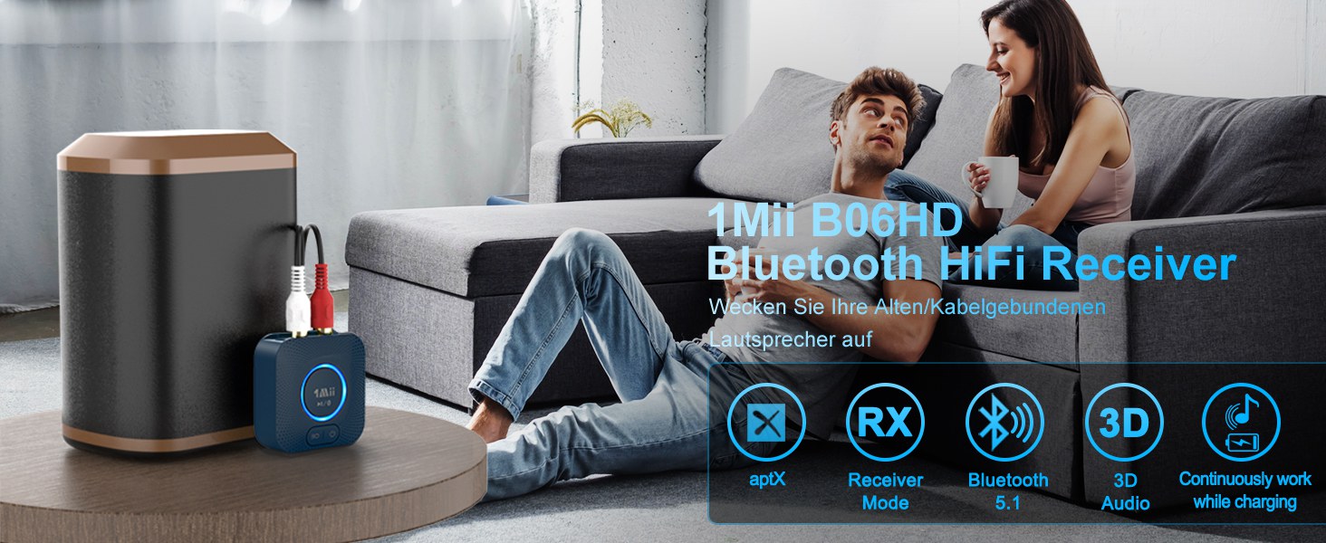 1Mii B06HD Bluetooth 5.1 Аудіоприймач: HiFi, aptX HD, Low Latency, 3.5mm/Cinch, 15 годин роботи