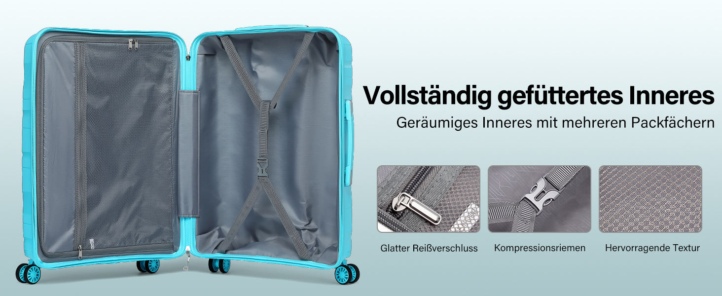 KONO Чемодан середнього розміру 65см з поліпропілену, з TSA замком, 65x46x26.5см (Крем-білий, світло-блакитний)