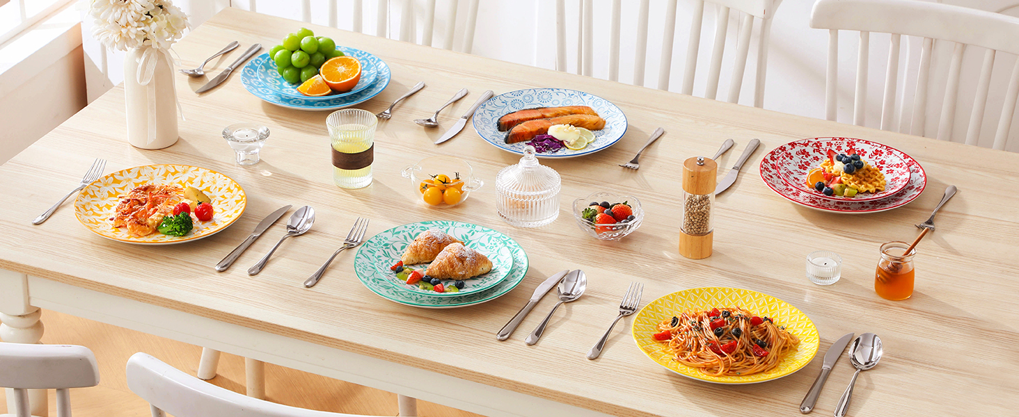 Набір посуду Vancasso Selene для 6 осіб, 24 елементи, пастелеве порцелянове покриття. Включає: 6 тарілок, 6 тарілок для десерту, 6 супових тарілок, 6 мисок. Підходить для мікрохвильової печі.