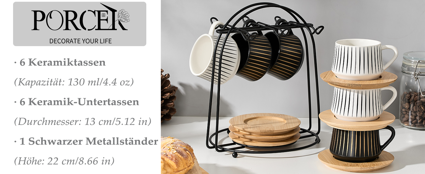 Набір керамічних чашок та підставок для кави з металевим стійкою (6 шт.), 130 мл, чорний, для капучіно, еспресо, лате, американо, чаю