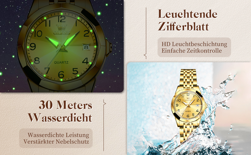 Годинник жіночий OLEVS з нержавіючої сталі, кварцовий, аналоговий, з датою, золотий, водонепроникний