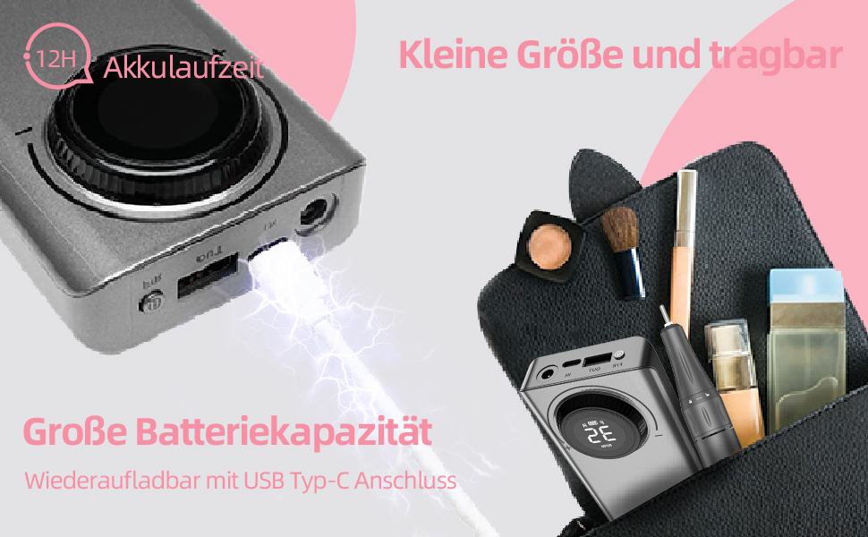 Електричний фрезер для манікюру та педикюру Delanie з акумулятором, 35000 об/хв, для гелю, акрилу та видалення кутикули, з LED-дисплеєм, USB-зарядка (сірий)