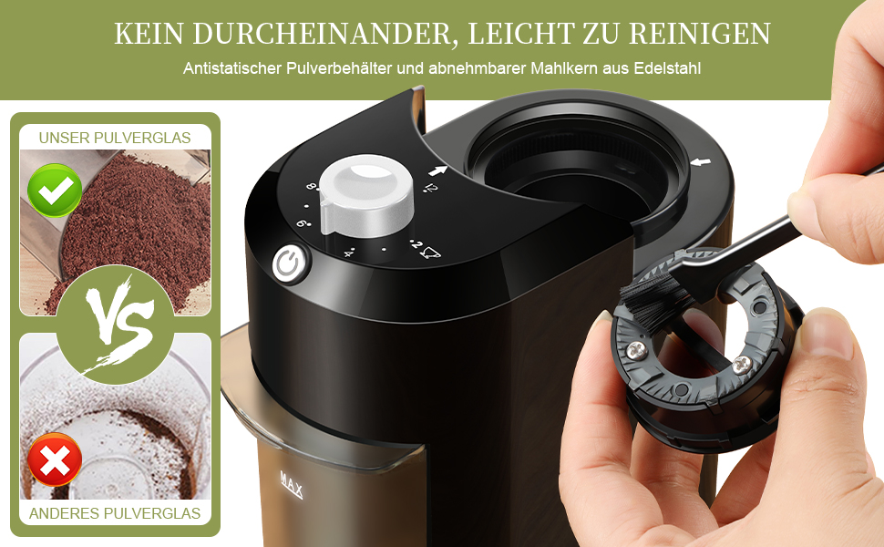 Електрична кавомолка Wancle з регулюванням помелу - для кавових зерен, 28 ступенів, 12 чашок (чорний+срібло, пластик)