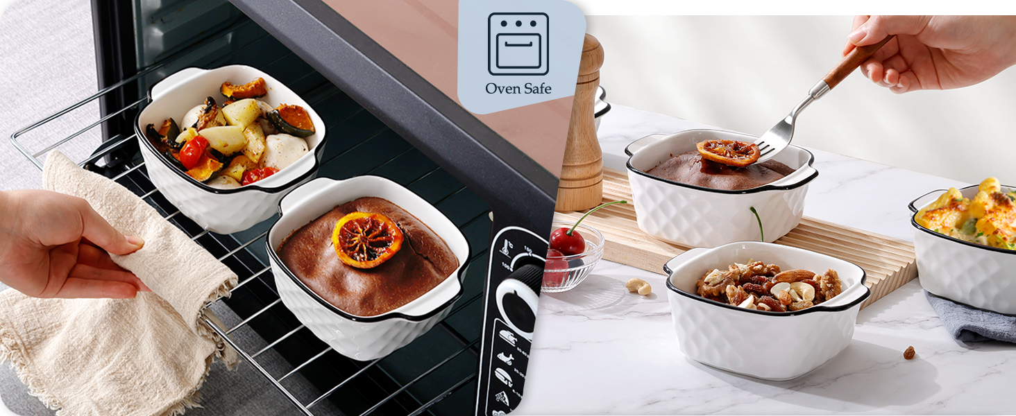 Набір форм для запікання NUTRIUPS 400 мл (4 шт.) з кераміки, 14.5 x 11.5 x 5.5 см, квадратні, з ручками, для духовки та мікрохвильової печі (з візерунком ромбіків)