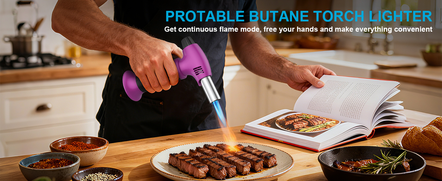 Наповнюваний пальник для крем-брюле, міні-пальник з безпечним затвором та регульованим полум'ям для десертів, BBQ, фіолетово-чорний