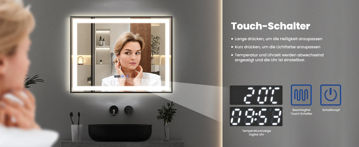 Дзеркало для ванної кімнати YU YUSING 60x80 см з підсвічуванням, проти запотівання, 3 кольори світла, регулювання яскравості, LED, годинник, IP44, металевий каркас, вертикальне, срібне