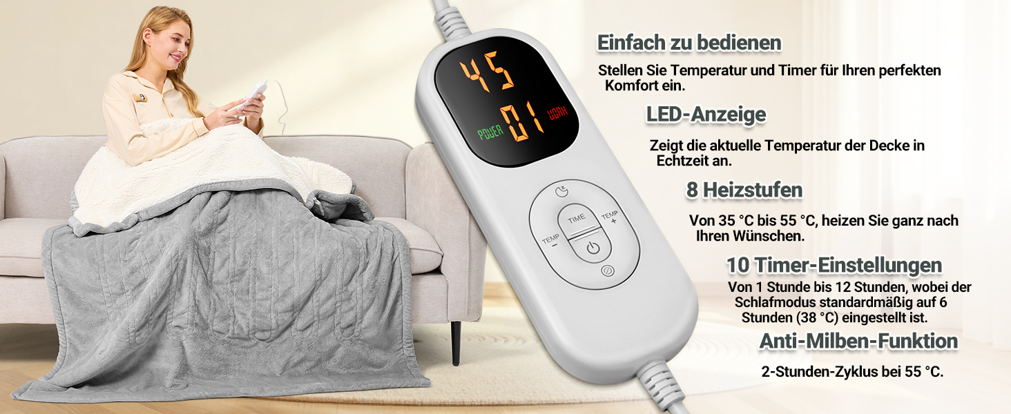 Електрична ковдра Charmofun з автовимкненням, 130x180 см, 8 режимів нагріву, таймер 12 годин, пральна машина, тепла двошарова ковдра з фланцелю для ліжка, дивана, офісу, світло-сіра