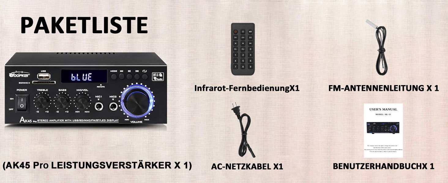 AK45 Pro HiFi підсилювач WOOPKER Mini, 500Вт, 2-канальний, Bluetooth, HiFi стерео з FM-радіо, USB, SD, RCA, MIC, аудіо ресивер для дому та авто