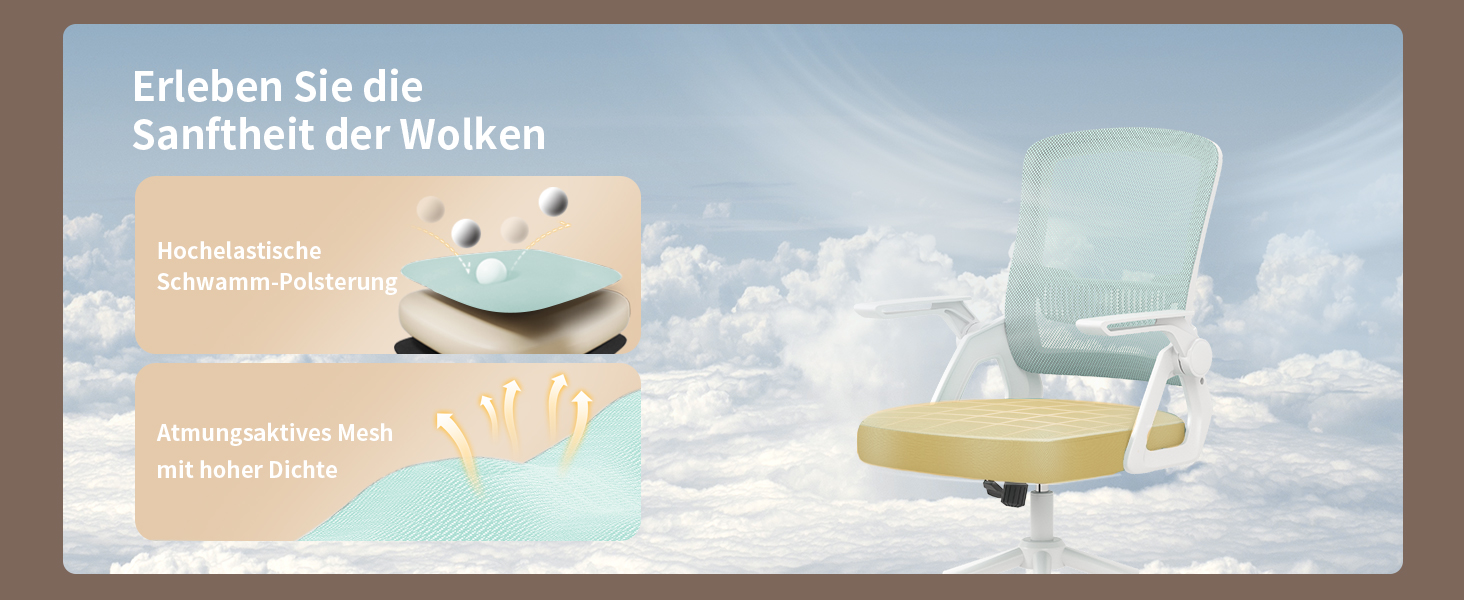 Офісний стіл Naspiro Ergonomischer Bürostuhl, регульований по висоті, з дихаючою спинкою з сітки, відкидні підлокітники на 90° та поперекова підтримка, високощільна піна для дому/офісу (Зелений, без підголівника)