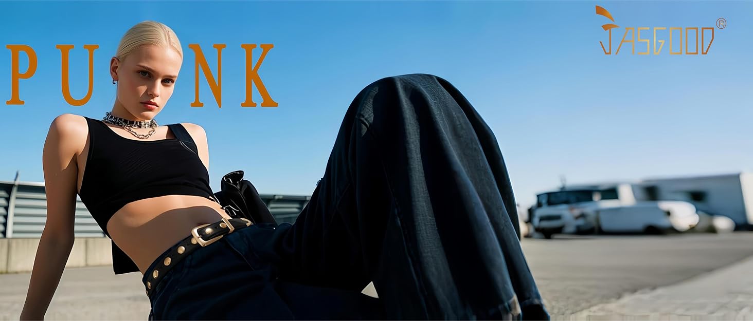 Жіночий шкіряний ремінь JASGOOD з золотою пряжкою, вінтажний панк-рок, модний ремінь з шипами для джинсів та повсякденного носіння, класичний чорний, 130 см: для розміру 105-114 см