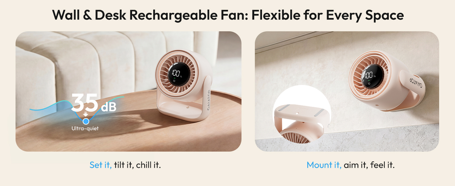 Настільний вентилятор Gaiatop з керуванням Touch, акумулятор 4000 mAh, 5 швидкостей, тихий міні-вентилятор з LED-дисплеєм, нахил 90°, зарядка через USB-C, для офісу, спальні, дому (Рожевий)