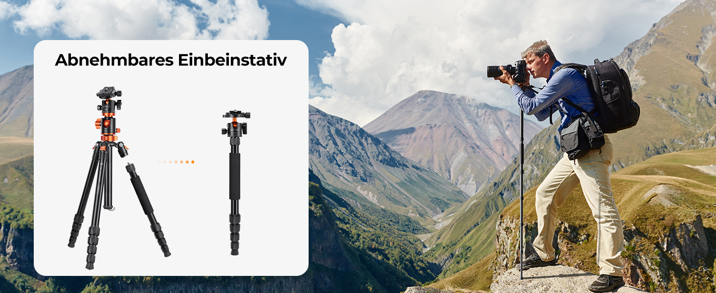 Штатив для камери K&F Concept 170см, T255A4(TM2515T1) з кульковою головкою 360° та функцією однонога штатива, 1/4'' гвинт, компактний туристичний штатив, помаранчевий