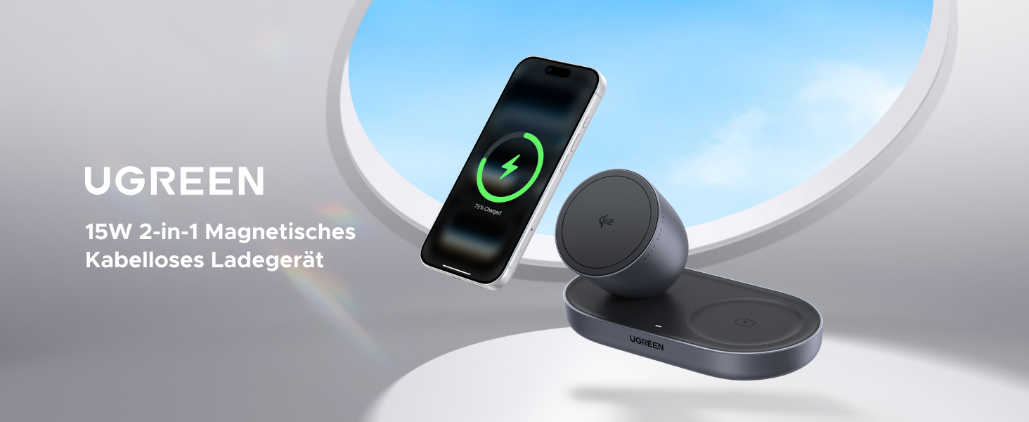 Зарядний пристрій бездротовий UGREEN 2-в-1 MagSafe 15W Qi2 для iPhone 17/16/15/14/13/12 та AirPods, кабель 1м (Чорний)