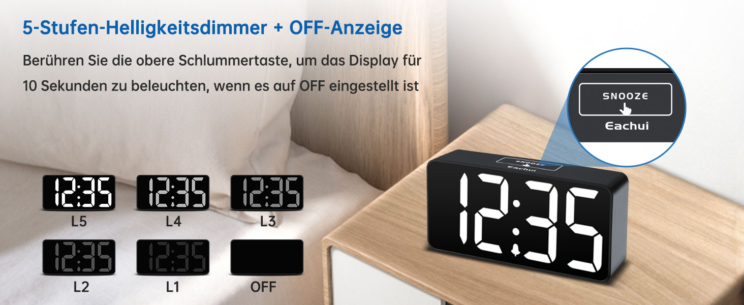 LED-годинник Eachui з USB-зарядкою, великий дисплей, регулювання яскравості та гучності, функція повтору, 12/24 год, цифровий годинник, живлення від мережі (чорний & білий)