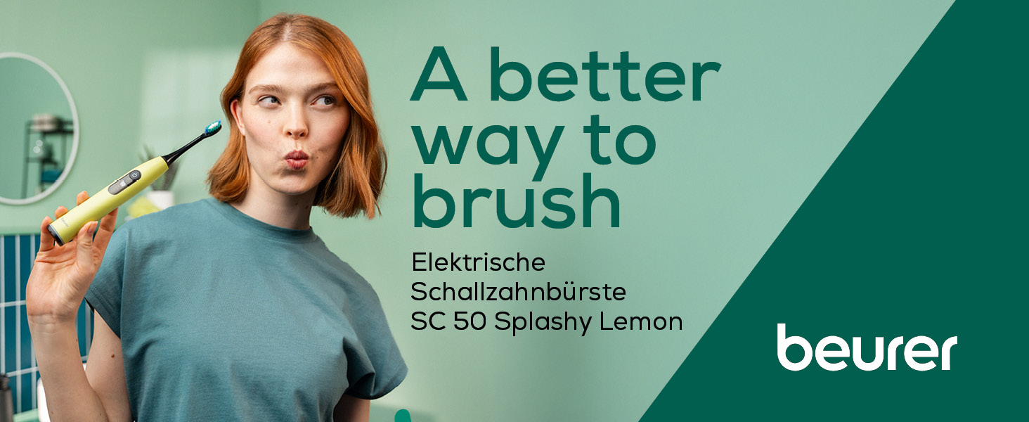 Beurer SC 50 Електрична звукова зубна щітка з 5 режимами чищення, датчиком тиску та дисплеєм (Splashy Lemon)