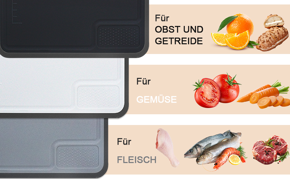 Набір з 3 дерев'яних обробних дощок для кухні, 35x23 см, антибактеріальні, BPA Free, з жолобками для соку та неслизькими ручками, чорний/сірий/білий