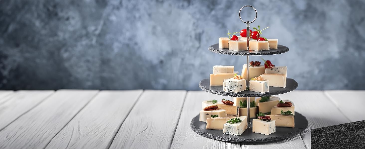 Dimono® Етажерка для сервірування: 3-ярусна етажерка для подачі їжі з керамічних мисок та бамбукового підставки. Ідеально для десертів, фруктів, овочів та солодощів.