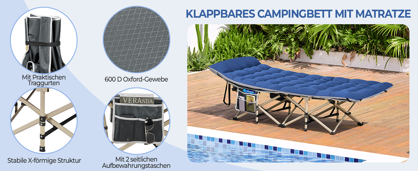 Ліжко похідне Yaheetech з матрацом, складне, для гостей, 191x67 см, до 150 кг, сіре/чорне (синьо-сіре)