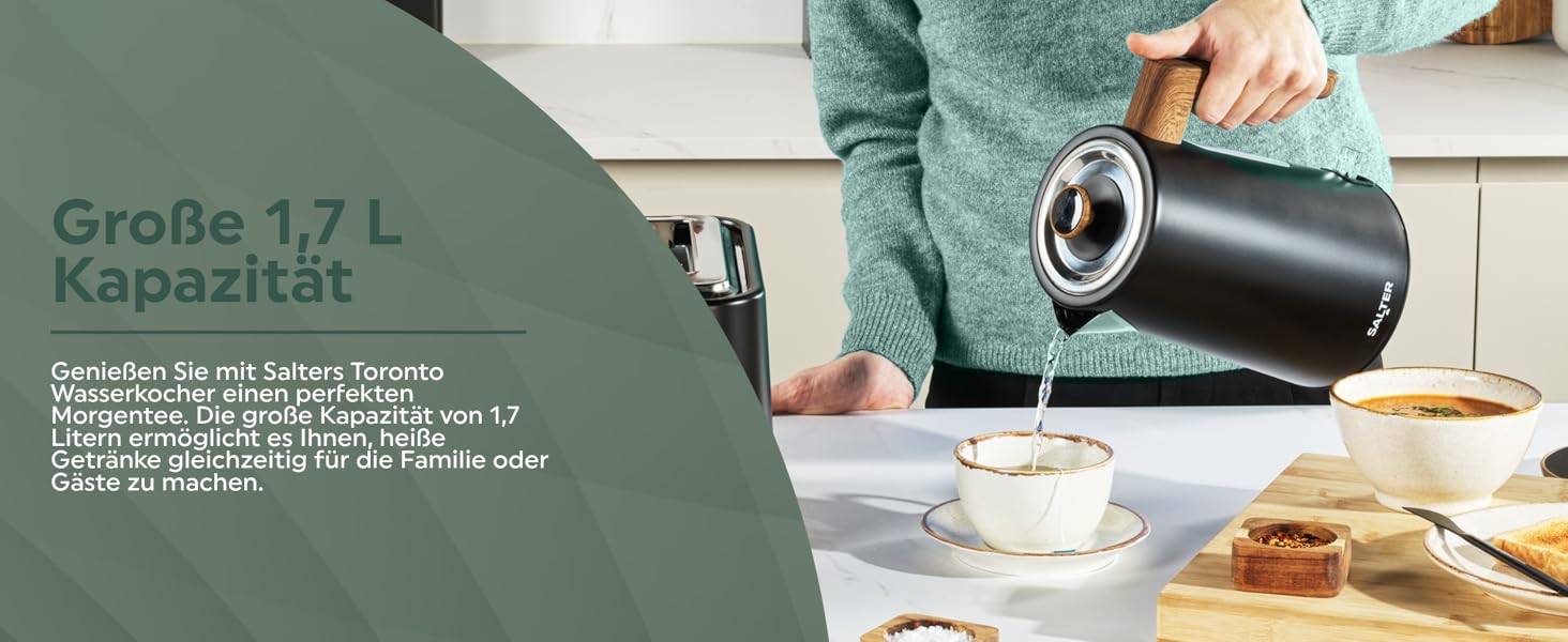 Електричний чайник Salter Toronto 1,7L, 3kW, чорний: швидке кип'ятіння, 360° підставка, фільтр від накипу, дерев'яний дизайн, бездротовий, захист від сухого кип'ятіння, автовимкнення, контролер Otter, чорний колір