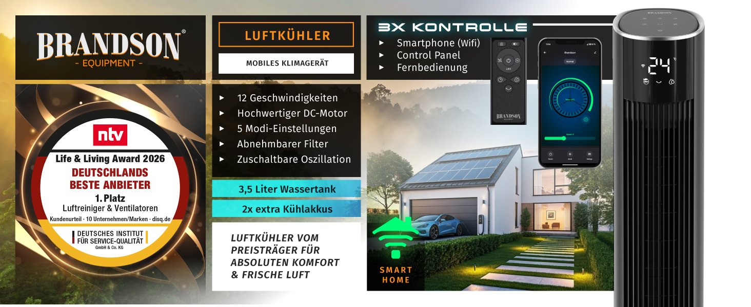 Вентилятор Tower Brandson ECO GREEN з водяним охолодженням, Wi-Fi, управління Alexa – мобільний кондиціонер, чорний