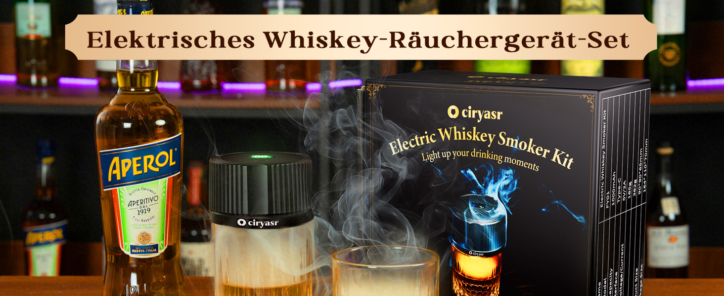 Набір для копчення віскі CIRYASR, електричний, без бутану, з 6 смаками дерев'яної стружки, RGB підсвічуванням, 2 склянки - подарунок для чоловіків