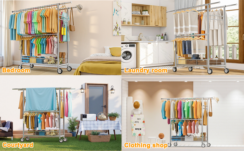 Вішалка для одягу Bomclap з міцним навантаженням, хромована, з колесами, висувна, 3 перекладини, 8 гачків, металева полиця, до 160 кг