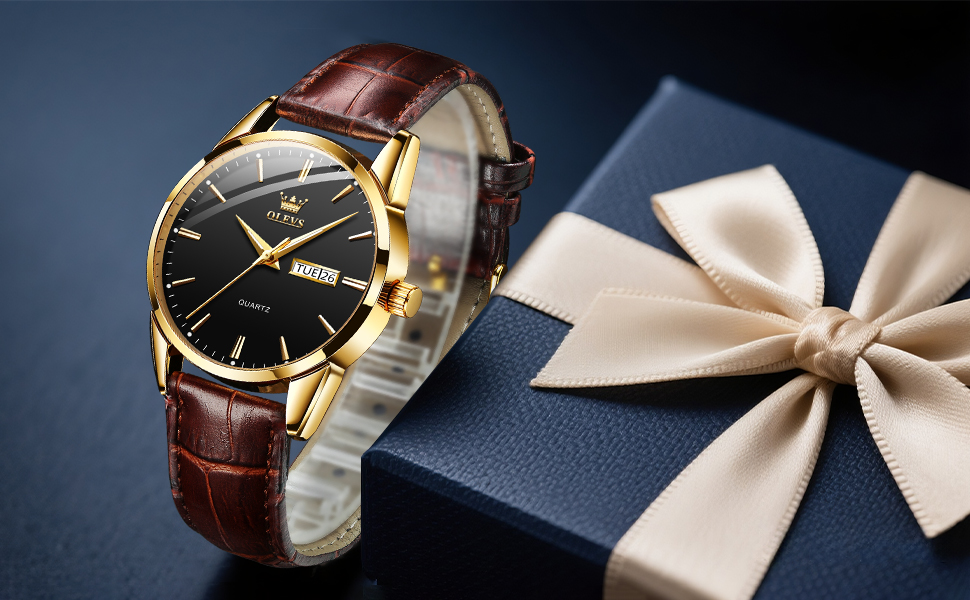 Чоловічий годинник OLEVS з нержавіючої сталі, кварцовий аналоговий годинник, класичний діловий годинник, водонепроникний, з підсвічуванням, з датою, на шкіряному ремінці, чорний циферблат, коричневий ремінь