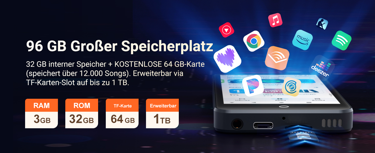 MP3 плеєр Mechen 96GB Android 13 з Wi-Fi, Bluetooth, Spotify, FM радіо, сенсорний екран 4 дюйми. Підтримка Amazon Music, Deezer, Audible, Play Store