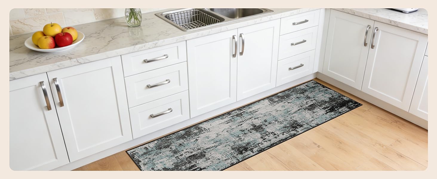 Килимок-доріжка 60 x 180 см, неслизький, з коротким ворсом, для кухні, миється, складається, абстрактний дизайн, синьо-чорний колір, підходить для входу, кухні, вітальні та офісу
