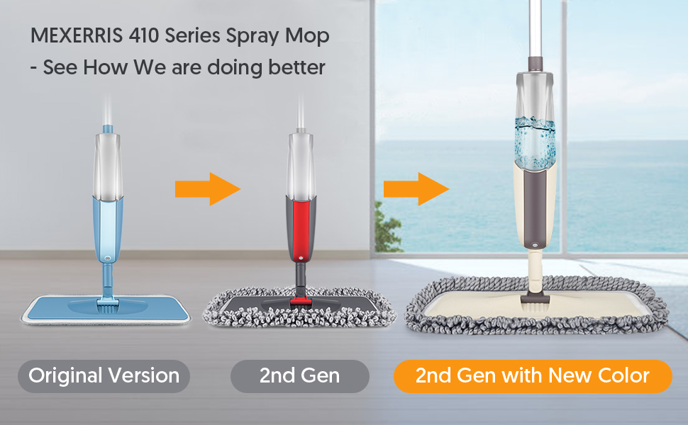 MEXERRIS Спрей-моп для підлоги з обертанням 360° з 3 змінними мікрофібровими накладками та баком для води 410 мл. Підходить для всіх типів підлоги, бежевий.