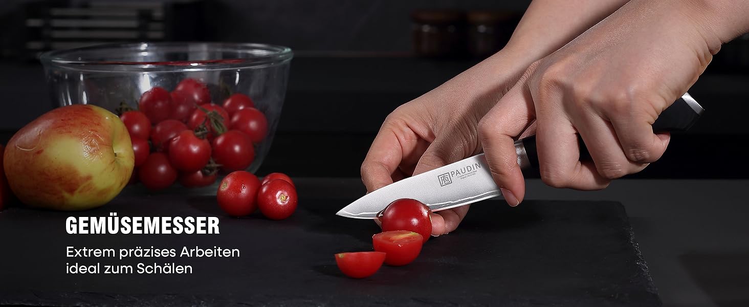Набір кухонних ножів PAUDIN 4 шт: кухонний ніж, саторі, універсальний ніж, ніж для овочів. Професійний, гострий, з нержавіючої сталі 10Cr15CoMoV (твердість 62 HRC), з ергономічною дерев'яною ручкою