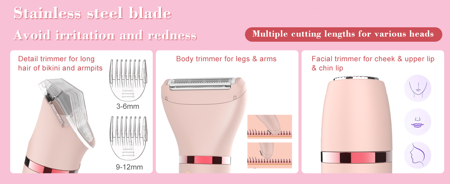 Електричний жіночий триммер 3-в-1 для обличчя, тіла та зони бікіні. Вологостійкий, з LCD-дисплеєм, рожевий